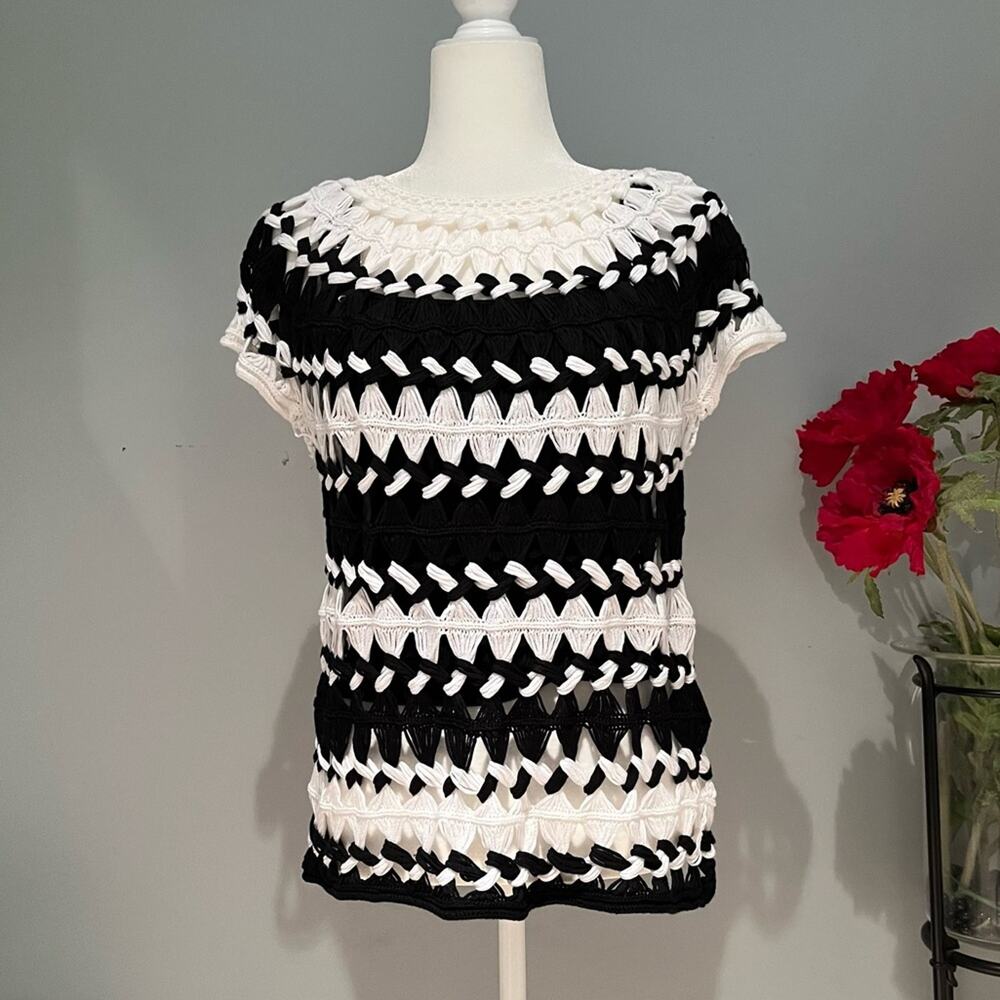 New Chicos Striped Open Knit Crochet Pullover Boatneck Sweater Black White NWT